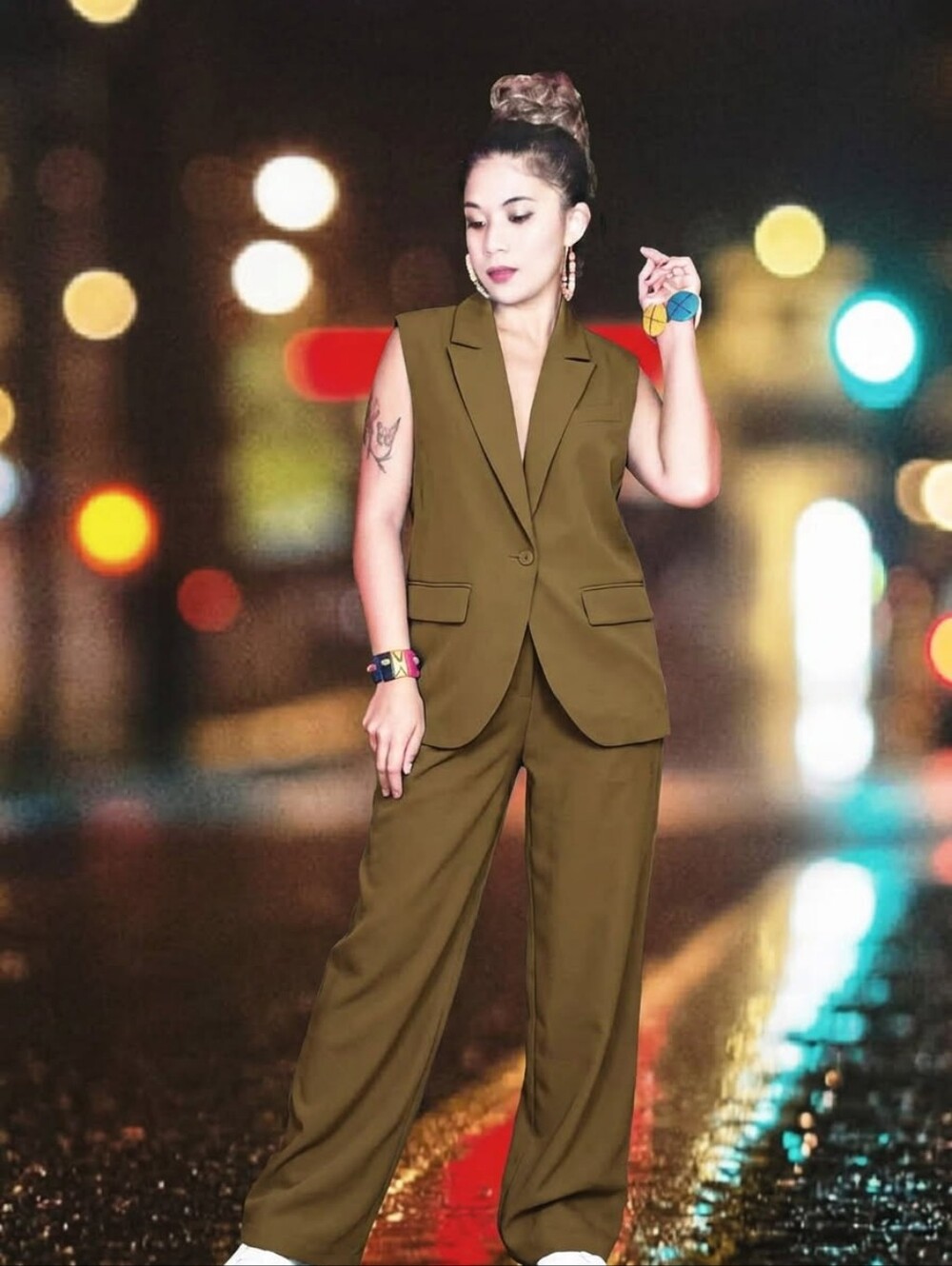 2pcs Sleeveless Olive Wide-Leg Suit Vest & Pants Set